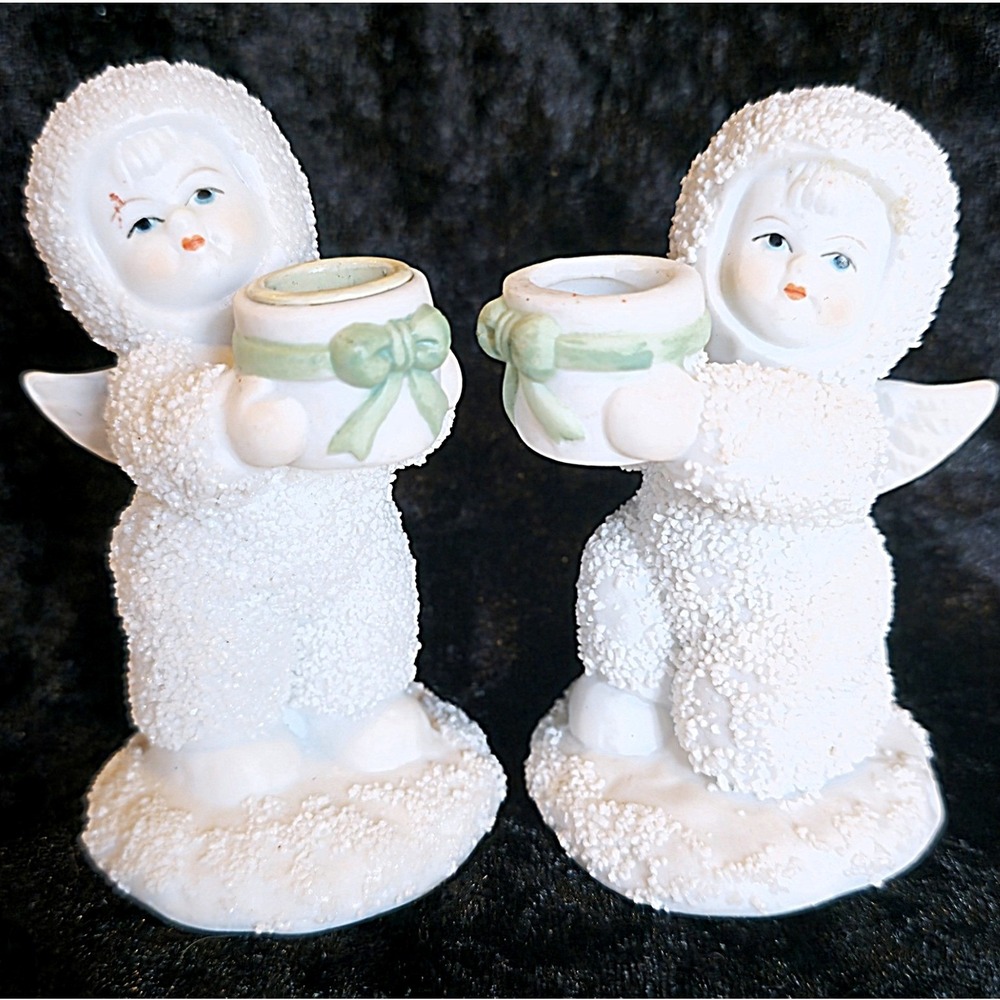 Vintage 1970s/80s Nobel Hall Winter Tots Snow Baby Angel Candle Holders‎ Pair GM